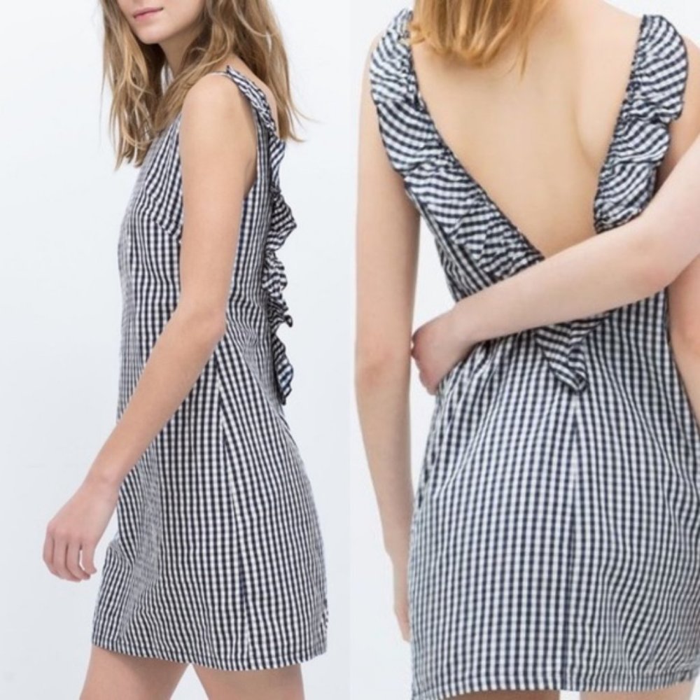 Zara open-back navy gingham ruffle shift dress S